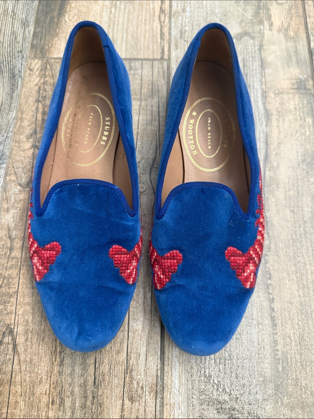Stubbs & Wootton Blue Suede Loafers with Red lobster  Embroidery